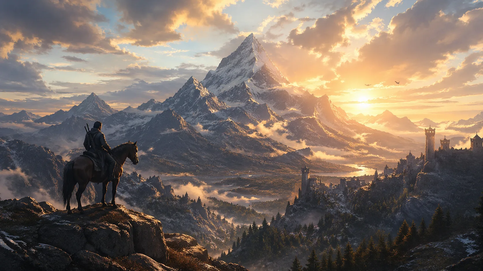 AI 生成的电影级奇幻景观，骑士与雪山