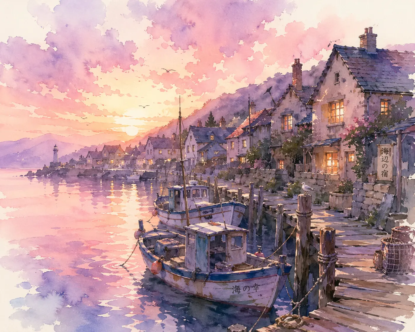 黎明时分的梦幻水彩渔村