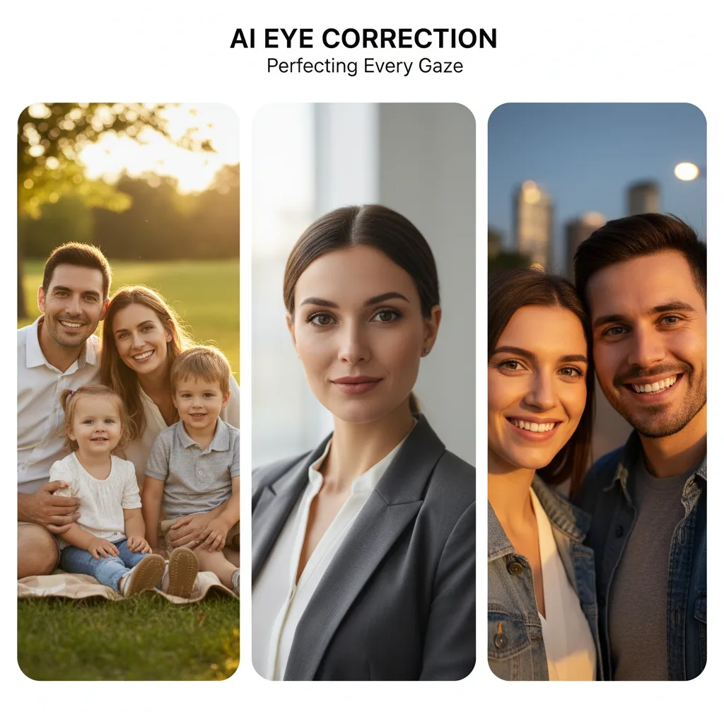 AI eye correction use cases — family photos, headshots, and selfies